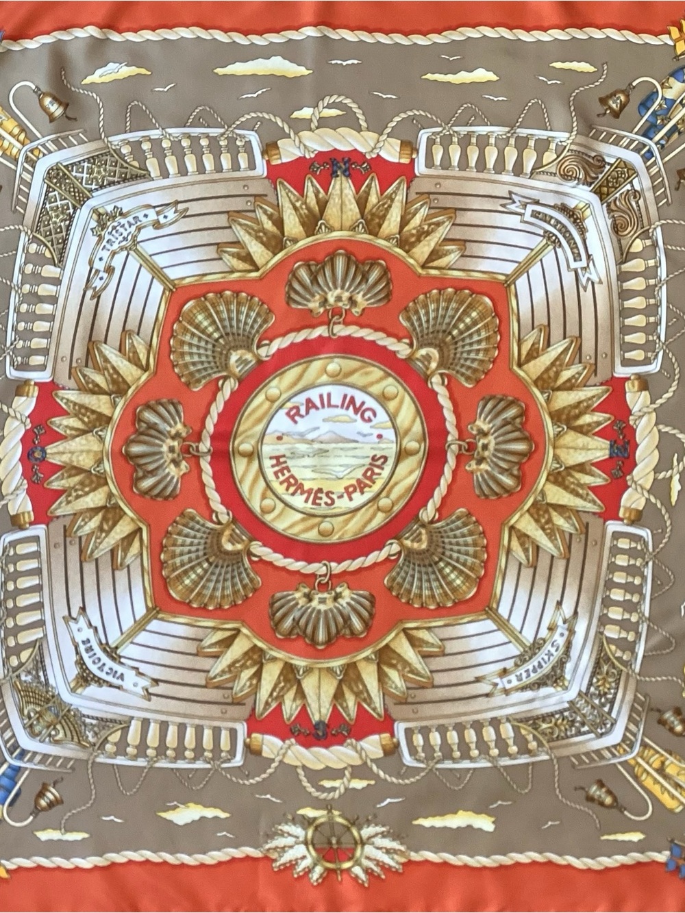 Hermes 'Railing' Silk Scarf in Red, Gold and Taupe